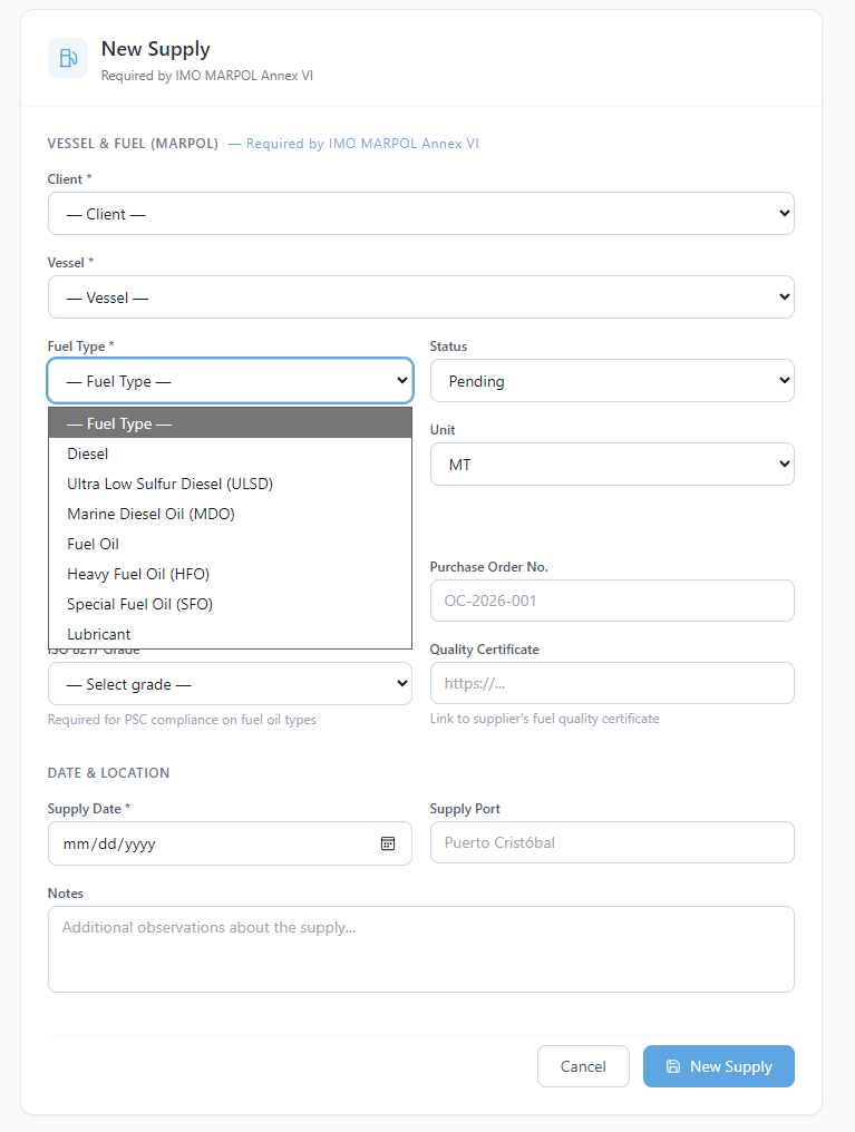 PortFlow bunkering management with ISO 8217 grade control and automatic quotations